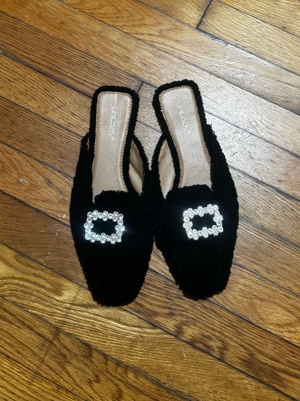 Black Crystal Buckle Slip-On Mules for Women Size 10